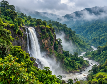 Waterfall cascading into a lush misty valley