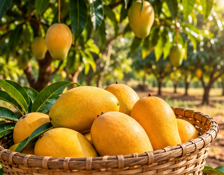 Basket of ripe mangoes in a green orchard