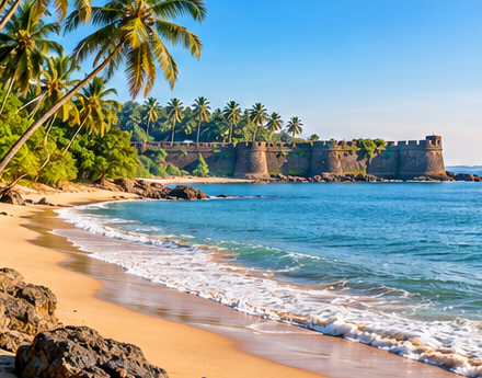 Sunlit Konkan beach with palm trees and a coastal fort