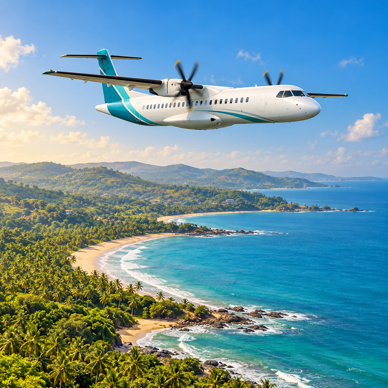 Turboprop aircraft flying above the Konkan coastline