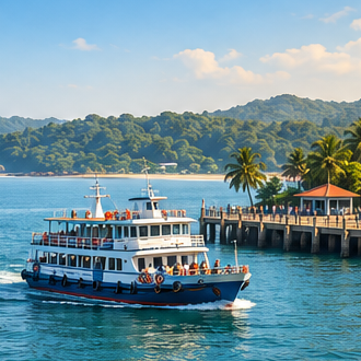 Ferry approaching a scenic coastal jetty