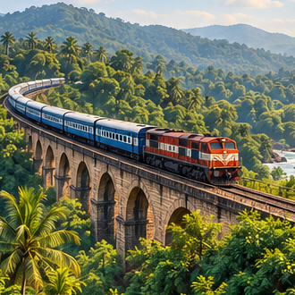 Train crossing a bridge among green coastal hills