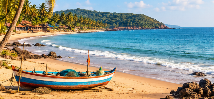 Fishing boat on a palm-lined Konkan beach