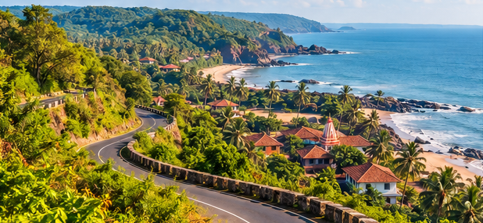 Winding coastal road through green hills and seaside villages